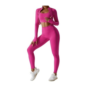Conjunto de yoga y fitness para mujer, top deportivo sin espalda con logo frontal y cintura alta, transpirable, ajustado, color nude, para correr - Product Image 1