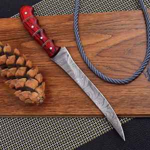 Couteau à fileter le poisson en acier Damas forgé à la main avec manche en bois de Pakka rouge de qualité supérieure et entretoises en laiton - Product Image 4
