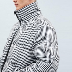 Men's <b>Checkered</b> Puffer <b>Jacket</b> Stand Collar Zipper Closure Windproof Winter Casual Thick Polyester Wadding Regular Fit - Product Image 2