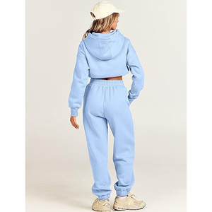 Conjunto de Sudadera Corta con Capucha y Pantalones Deportivos para Mujer, Color Azul Claro, Tejido Casual de Algodón/Fibra de Bambú, Color Sólido, Mangas Largas - Product Image 2