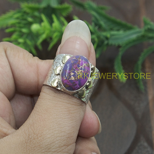 Bague en cuivre violet et turquoise, argent sterling 925 et laiton, faite à la main, design cœur, bague statement, style bohème vintage, bijoux en pierres précieuses - Product Image 4