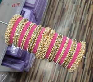 Luxurious New Arrival 2026 Emerald Green Velvet <b>Bangles</b> with Intricate Faux Pearl and Gold Stone Embellishment Chooda <b>Bangle</b> Set - Product Image 3
