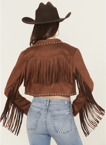 Genuine Suede Leather Fringe <b>Jacket</b> <b>Women</b> Brown Studded Cropped Notch Lapel Open Front Western Cowgirl Coat Real Suede Boho - Product Image 2