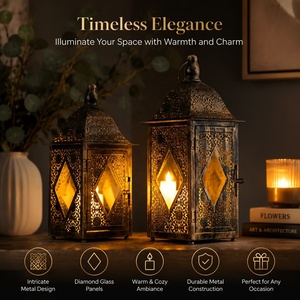 Heritage <b>Black</b> Metal Moroccan <b>Lantern</b> with Diamond Glass Window Intricate Cutwork Decorative Candle Holder for Home Decor - Product Image 4