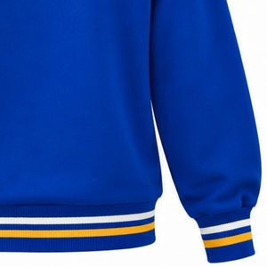 Pull en maille pour femme bleu roi Sigma Gamma Rho avec broderie dorée, col rond et poignets côtelés rayés or blanc - Product Image 4