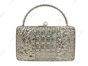 indian handmade Luxury Mother Of Pearl Silver <b>Clutch</b> With Handcrafted Metal Texture Pearl Crystal Work Evening Party Wedding <b>Bag</b> - Product Image 4
