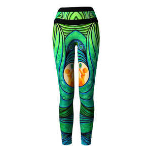 High Waist Full Length <b>Leggings</b> With Abstract Green Blue Pattern Stretch Knitted Spandex Polyester Women's Casual Yoga Pants OEM - Product Image 4