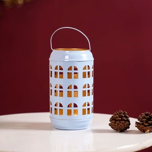 Charming Light Blue Metal <b>Lantern</b> With House Style Window Cutouts Features A Gold Interior And Handle For Cozy Holiday Lighting - Product Image 1