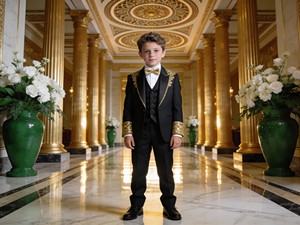 Boys Black Embroidered Double Breasted Tuxedo Suit Kids Wedding & Party Formal Wear <b>Set</b> - Product Image 1