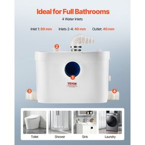 900W Macerator <b>Pump</b> with 48 GPM Flow 40 Ft/12 m Head Sewerage Toilet Water Inlet 4 for <b>Waste</b> Water Disposal Laundry Appliances - Product Image 6
