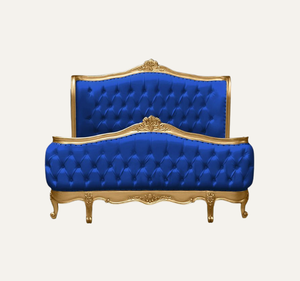 Lit en bois massif capitonné bleu classique européen de luxe avec tête de lit capitonnée en bois d'acajou, meubles de chambre à coucher - Product Image 3