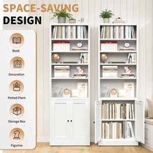 71-Inch Tall Metal Bookcase with 5 Tiers and Door Industrial White 9.2\" <b>Deep</b> Storage Adjustable <b>Shelves</b> - Product Image 3