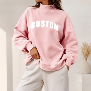 Sudadera Oversize Rosa para Mujer con Cuello Alto Simulado, Estampado de Letras Personalizado, Manga Larga, Tejido de Algodón, Estilo Casual Otoñal - Product Image 1