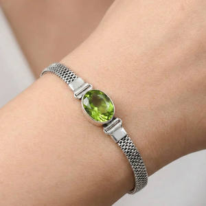 Bracelet en argent sterling 925 plaqué rhodium, fait main, style bohème, chaîne à maillons, pour femme, péridot vert, coupe ovale, réglable - Product Image 2