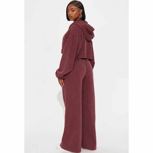 Ensemble de survêtement 2 pièces en molleton de coton délavé pour femme : sweat à capuche court zippé et pantalon de jogging extensible à manches longues - Product Image 2