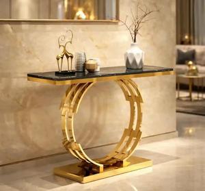 Modern Marble Top <b>Console</b> <b>Table</b> with <b>Gold</b> Metal Pedestal Base Contemporary Entryway Accent Furniture - Product Image 1