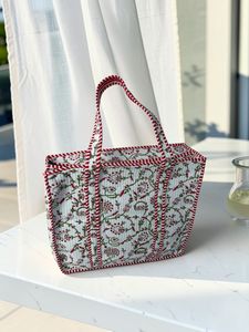 National Fashion Light Blue Cotton Hand Block Printed Floral Print Quilted Large Tote <b>Bag</b> for <b>Women</b> Zipper Shopping <b>Beach</b> Use - Product Image 2