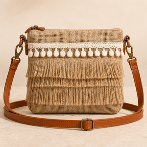 Sac à bandoulière en jute avec franges, chaînes et fermeture éclair, sac carré tendance pour femme, idéal pour un usage quotidien décontracté - Product Image 1