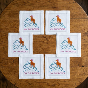 Custom Wholesale Embroidery Goat on the Rock Square Cocktail Napkin 6*6" Reusable <b>Linen</b> Hemstitch Beverage Napkin Home Bar Event - Product Image 1