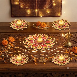 Ensemble de porte-diya en bois, design floral de lotus décoratif traditionnel, fait main, écologique, durable, pour Deepawali, Laxmi Pooja, mariage - Product Image 5