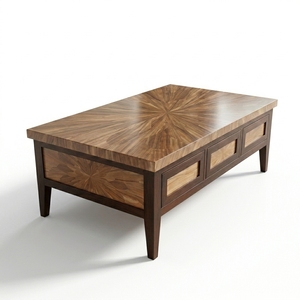 Table basse rectangulaire en bois massif de style rustique moderne avec plateau en parquet incrusté, cadre en bois brun foncé, table d'appoint pour salon - Product Image 2