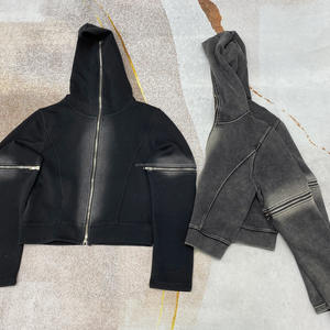 <b>Y2k</b> Cropped Zip-Up Hoodie <b>Vintage</b> Sun Faded Washed Winter Plain Dyed Embroidered Men's Hoodie - Product Image 2