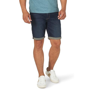 Shorts en jean pour homme bleu foncé à revers retroussés, coupe slim, en coton flexible, finition soignée, confortables - Product Image 1