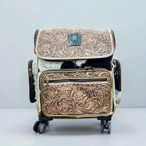 Ensemble de bagages et de porte-documents en cuir artisanal de haute qualité, sacs à roulettes floraux de style western avec valise de voyage vintage en cuir de vachette - Product Image 1