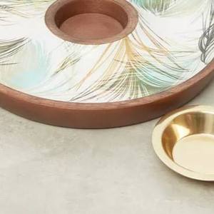 Round Wood <b>Decorative</b> <b>Plate</b> with Plant Pattern Handpainted Bohemian Design Gold Center Bowl Wedding Dinner Dishwasher Safe - Product Image 5