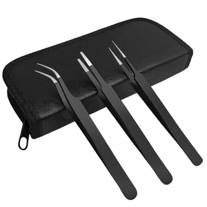 3 Pcs Precision Eyelash Tweezers Set Black Stainless Steel Lash Extension Tools with Carrying Case Professional Beauty Kit - Product Image 1