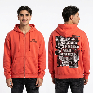 เสื้อฮู้ดซิปเต็มตัวสีชมพูคอรัลสำหรับผู้ชาย สไตล์สตรีทแวร์ลายกราฟิกข้อความบิดเบือนแบบกรันจ์ ลุคย้อนยุคฟอกสี - Product Image 1