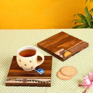 Wooden Rectangle <b>Coasters</b> <b>Set</b> with Floral Design Heat Resistant Table Mats for Tea and Coffee - Product Image 1