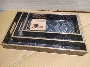 Set of Three Handcrafted Wooden MDF Serving Trays with Golden <b>Foil</b> Premium Quality Single Tier for Home <b>Kitchen</b> Living Room - Product Image 6