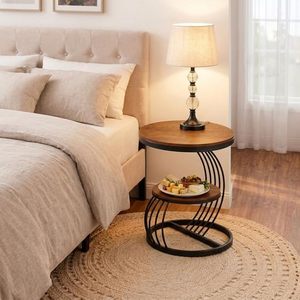 Round 2 Tier Side <b>Table</b> Wood Grain Accent <b>Table</b> Metal Frame <b>Bedside</b> End <b>Table</b> for Living Room - Product Image 2