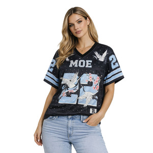 Maillot de football américain personnalisé pour femme, noir, en maille, col en V, avec motifs graphiques en strass thermocollés, OEM, marque privée, vente en gros - Product Image 3