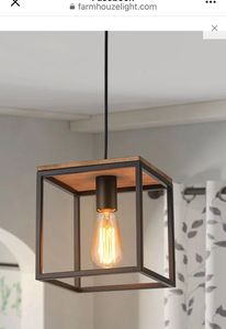 Round Adjustable Height Pendant <b>Light</b> <b>Black</b> Metal Wood Frame Bell <b>Shade</b> E27 LED Bulb Farmhouse Style Ceiling Fixture - Product Image 2