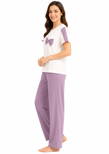 Women's <b>White</b> Lavender Bow Night Suit Spandex/Nylon Blend Half Sleeve T Shirt Relaxed Fit Pajama Pants Two <b>Piece</b> Summer - Product Image 2