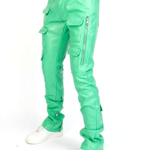Pantalones de Cuero PU Verde para Hombre SALVA LEATHER, con Múltiples Bolsillos, Cierre de Cremallera, Cintura Elástica, Corte Recto, Impermeables, Casuales de Invierno - Product Image 1