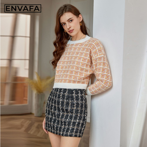 Pull tricoté décontracté coloré à col rond pour femme, pull court d'automne à manches longues, anti-plis, respirant, color block, personnalisé - Product Image 5