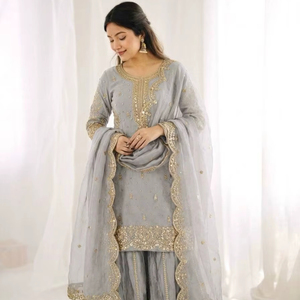 Embroidered <b>Silk</b> <b>Kurta</b> Palazzo Dupatta Set for Women - Product Image 1
