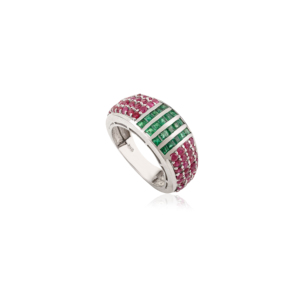 Art Deco Genuine Princess Cut Emerald & Round Brilliant Cut Ruby <b>Statement</b> Dome Band <b>Ring</b> in 925 <b>Silver</b> Wholesale Jewelry - Product Image 1