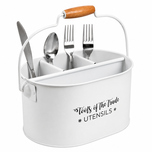 Organizador de Cubiertos de Metal Blanco Estilo Rústico con Asa de Madera, Cesta Vintage de 4 Compartimentos para Utensilios y Platos - Product Image 1