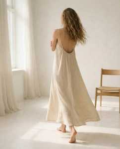 Women's 100% Linen V-neck Sweet Natural Waist Maxi Dress <b>Spaghetti</b> <b>Strap</b> Backless Regular Fit A-Line Summer Minimalist Casual - Product Image 5