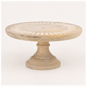 Handcrafted Mango Wood <b>Cake</b> <b>Stand</b> Rustic Whitewash Pedestal With Carved White Inlay Pattern For Farmhouse Wedding Decor Birthday - Product Image 1