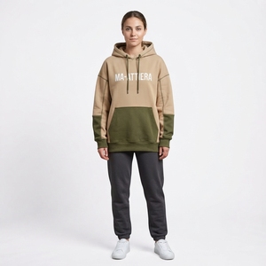 Sudadera con Capucha Oversize de Felpa para Mujer, Color Beige Oliva con Bloques de Color, Bolsillo Canguro, Estilo Casual Urbano - Product Image 1