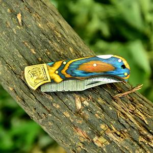 มีดพับทำมือ Damascus Custom OEM พร้อมด้ามสลักลาย มีดพกพาพร้อมปลอกหนัง - Product Image 5