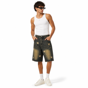 Shorts en jean Y2K pour hommes, imprimé étoiles, style streetwear vintage délavé, coupe ample, jorts décontractés à jambe large, hip-hop - Product Image 1