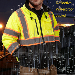 High Visibility Hooded Work <b>Jacket</b> Men's <b>Waterproof</b> Reflective Striped Zip Up <b>Winter</b> Safety Coat - Product Image 5