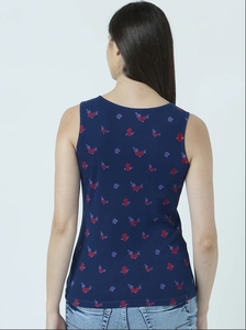 Débardeur en coton à imprimé floral pour femme, col rond, sans manches, décontracté, respirant, tricoté, coupe classique, bleu - Product Image 4