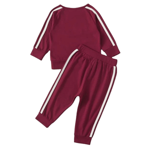Ensembles de survêtements pour tout-petits et enfants, bordeaux, avec bande latérale, sweat-shirt à manches longues col rond et pantalon de jogging, tenues de sport décontractées - Product Image 3